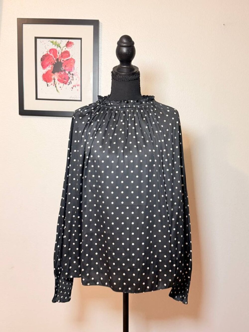 H&M Black Polka Dot Off-Shoulder Blouse French Girl Chic, Parisian Style, Size 1